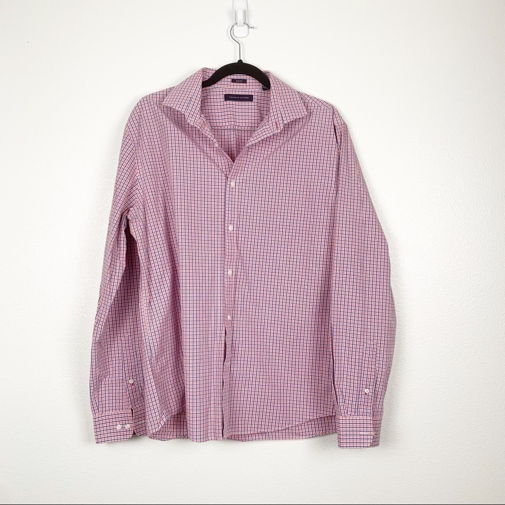TOMMY hilfiger button front red‎ blue check print dress shirt sz L